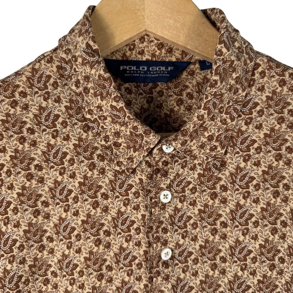 Polo Golf Ralph Lauren Pima Cotton Polo Shirt Mens L Brown Pique Paisley Floral